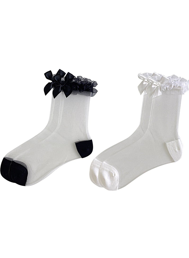 Girls transparent lace socks, lace bow, glass fiber women's mid length socks, ultra-thin and cute girls' socks 2 pairs - Image 1